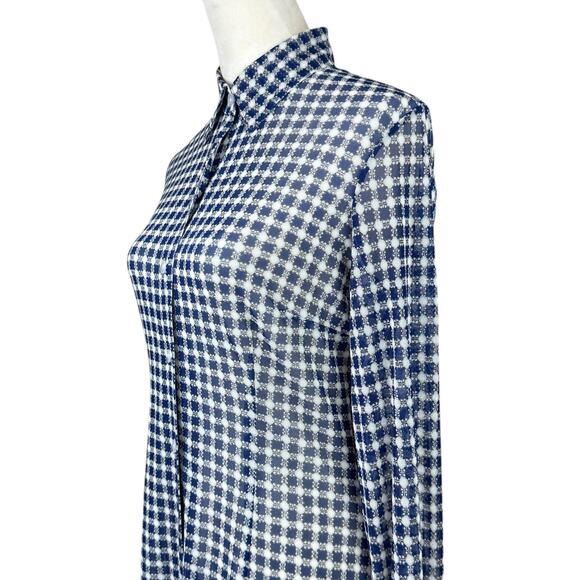 Cabi 736 Blue & Cream Geometric Print Sheer Mesh Long Sleeve Button Up Blouse - Picture 6 of 13